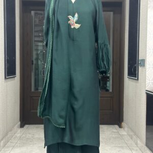 Green Goddess: Korean Raw Silk 3-Piece Ensemble with Pure Silk Dupatta